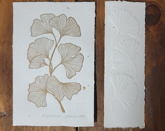 Ginkgo Biloba Lino Print on Handmade Paper with Gold Specks, Original, Hand Printed, Signed
