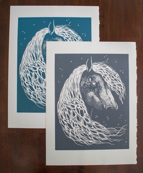 月光馬リノカット版画、オリジナル縮小レリーフアート、11 x 15インチ