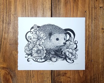 Hedgehog Lino Print, Linocut, Relief print, Hand Printed, Limited Edition, Signed, 8x10 inch