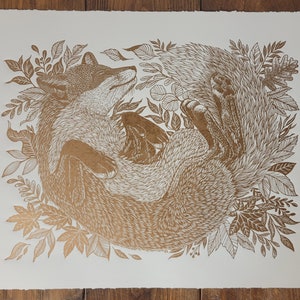 Impresión en linóleo de Sly Slumber: Zorro durmiente, impresión a mano, edición limitada, 30 x 22 pulgadas