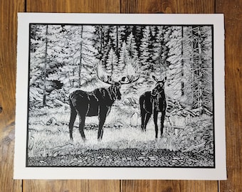 Whispering Moose lino print, Limited Edition of 100, Hand Printed, Signed, 16 x 20 inches, nature art
