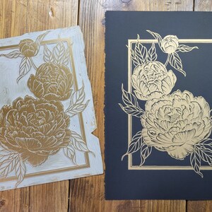 Peonies Lino Print on Paper, Relief print, Hand Printed, Signed, 15 x 11 inches, flowers,