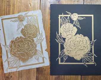 Peonies Lino Print: Hand-Printed Floral Relief Art (15 x 11 inches)