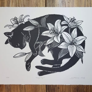 Tranquility 4, Lino print on Paper, Relief print, Hand Printed, Signed, 15 x 11 inches, cat, wall art,