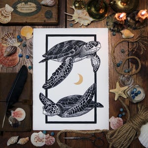 Impresión en linóleo de Tortugas Estelares: Arte mural impreso a mano de edición limitada (28 x 38 cm)