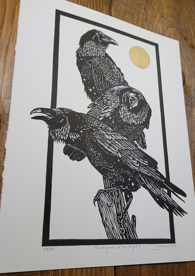 Ravens No 2, Lino print on Paper, Original, Limited Edition, Hand Printed, Signed, 11 x 15 inches, contemporary wall art, witch art, image 5