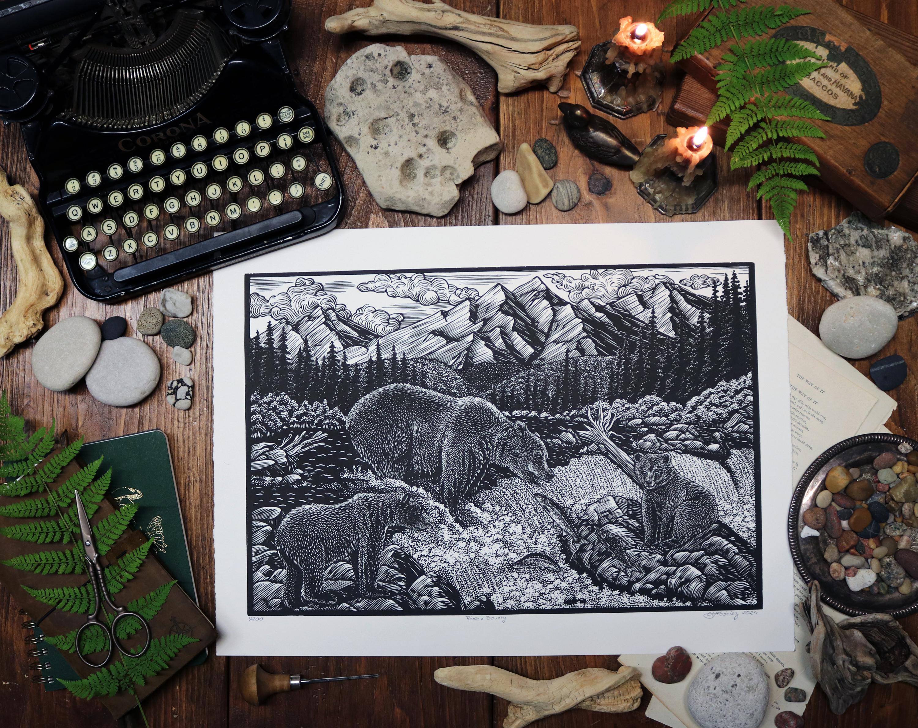 River's Bounty Lino Print: Limited Edition Nature Art (15x20 inches)