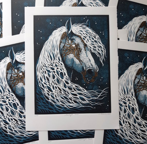 月光馬リノカット版画、オリジナル縮小レリーフアート、11 x 15インチ
