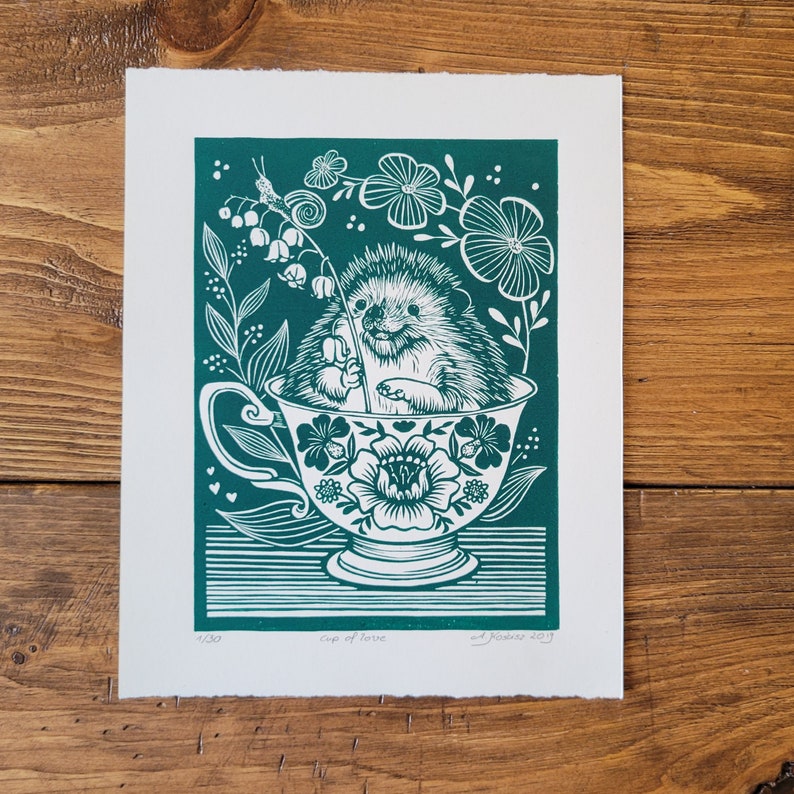 Cup of love lino print, Relief print, Hand Printed, Signed, 7.5 x 10 inches 19x25 cm, contemporary wall art, Green