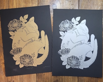 Tranquility 2, Lino print on Paper, Relief print, Hand Printed, Signed, 15 x 11 inches, cat, wall art,