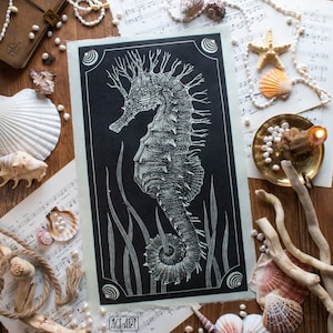 seahorse, Original Linocut on Paper, Hand Printed, Signed, 10.25 x 17 inches, contemporary wall art,