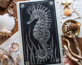 seahorse, Original Linocut on Paper, Hand Printed, Signed, 10.25 x 17 inches, contemporary wall art,