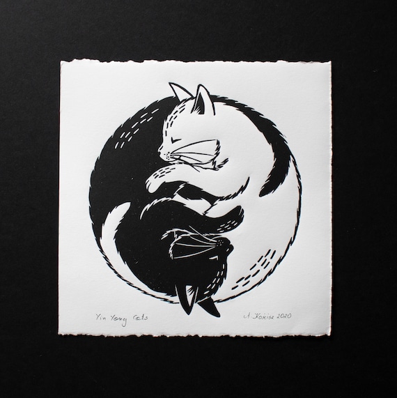 陰陽猫リノカット版画：手刷りレリーフアート（6.5 x 6.5インチ