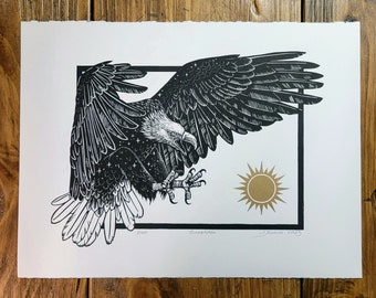 Suncatcher lino print, Relief print, Hand Printed, Signed, 15 x 11 inches, nature art, wall art, Barn Owl, Bald eagle