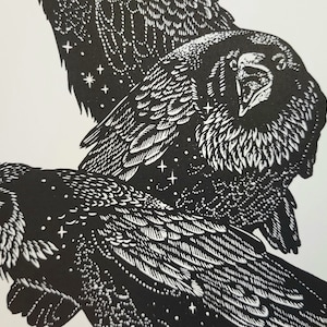 Ravens No 2, Lino print on Paper, Original, Limited Edition, Hand Printed, Signed, 11 x 15 inches, contemporary wall art, witch art, image 4