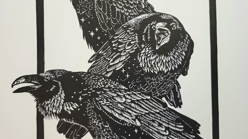 Ravens No 2, Lino print on Paper, Original, Limited Edition, Hand Printed, Signed, 11 x 15 inches, contemporary wall art, witch art, image 4