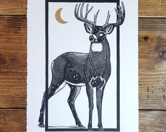 Stag Spirit Lino Print on Paper, Original, Limited Edition, Hand Printed, Signed, 11 x 15 inches, contemporary wall art,