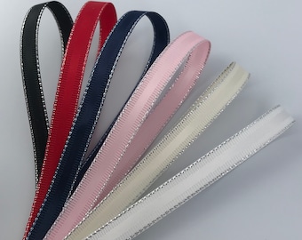 Quality 9mm Grosgrain Ribbon with Satin Centre and Silver Edging, priced per metre