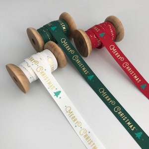 Grosgrain Merry Christmas Ribbon with Gold Lettering - 16mm, priced per metre