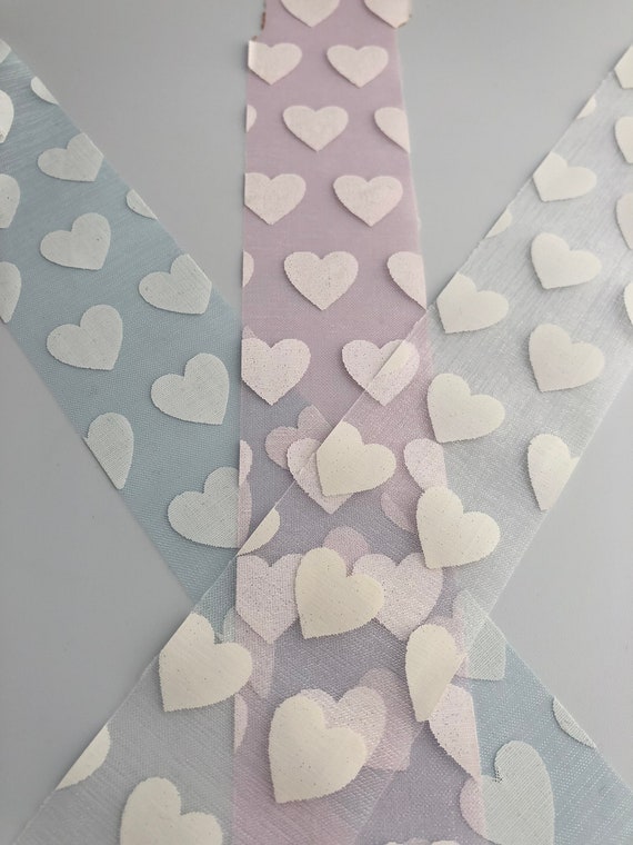 Organza lightly coloured ribbon with hearts - 38mm width, priced per metre