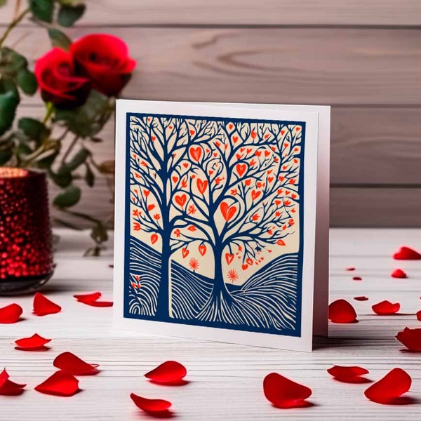 Blätter Der Liebe - Linolschnitt inspirierte Baum Herz Valentinstag Karte Cymraig Walisisch Kunstdrucke Geschenke aus Wales Romantische Begrüßung