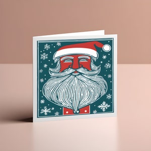 Jolly Santa - Biglietto di Natale ispirato alla linoleografia 95x95mm - Stampa artistica - Stampato e assemblato nel Carmarthenshire, Galles