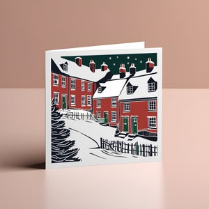 All Is Still - Biglietto di Natale ispirato alla linoleografia 95 x 95 mm - Stampa artistica - Stampato e assemblato nel Carmarthenshire, Galles