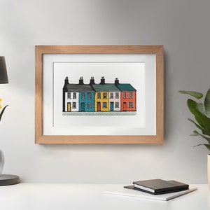 Rainbow Terrace – Welsh Valleys Mining Terrace Houses – Cymru Art Print, Linocut-inspired Digital Print, Wales Valleys Coal Wall Art Poster