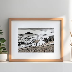 Welsh Rural Homestead - Old farmhouse in the Brecon Beacons - Cymru Art Print, Linocut-inspired Digital Print, Wales Brecon Beacons Wall Art