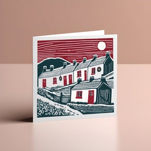 Vigilia di Natale del minatore - Biglietto di Natale ispirato alla linoleografia 95x95mm - Stampa artistica - Stampato e assemblato nel Carmarthenshire, Galles