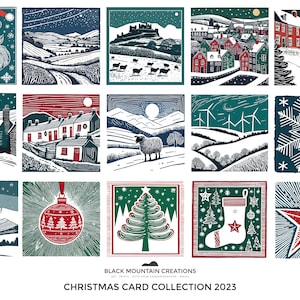 Christmas Card Entire Collection – 15 Welsh Designed Linocut Inspired Digital Art Prints Limited Edition Greeting Cards from Wales UK
