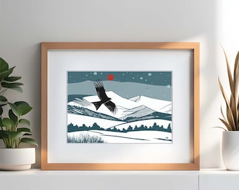 Beacons Flight: Red Kite Bird Of Prey Over Wintry Brecon Digital Linocut Inspired Print, Welsh Landscape Art, Home Decor Wall Art