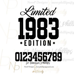 Peut inclure: Graphisme noir et blanc avec les mots "Limited 1983 Edition" dans une police stylisée. En dessous, les chiffres de 0 à 9. Le design comprend également le nom "Dr. Vanessa L. Phillips" et ses coordonnées.