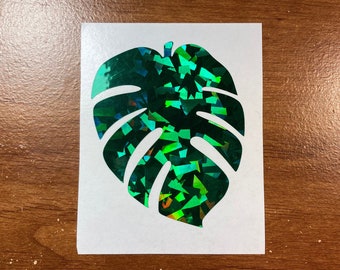 Holographic Monstera Leaf Vinyl Decal, Car Laptop Sticker | Emerald Crystal Glitter