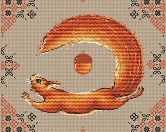 Squirrel Cross Stitch pattern Forest animal pattern Squirrel with acorn cross stitch chart Instant download Squirrel Printable pdf pattern