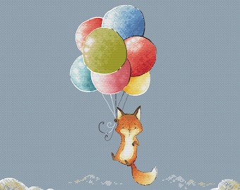Patrón punto de cruz zorrito Bebé recién nacido punto de cruz anuncio de nacimiento zorro punto de cruz con globos de colores punto de cruz Bebé zorrito