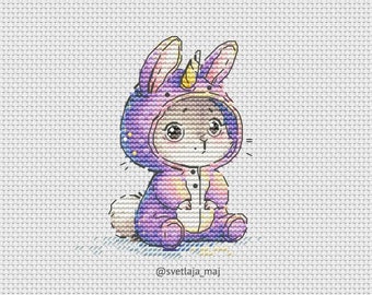 Bunny in unicorn jumpsuit cross stitch pattern