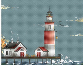 Autumn Lighthouse cross stitch pattern sea landscape with lighthouse cross stitch stormy sea cross stitch house on the beach cross stitch