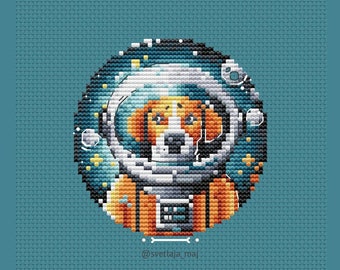 Dog in space suit cross stitch pattern