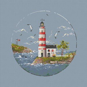 Striped Lighthouse cross stitch pattern sea landscape cross stitch sea cross stitch beautiful lighthouse cross stitch seagull cross stitch