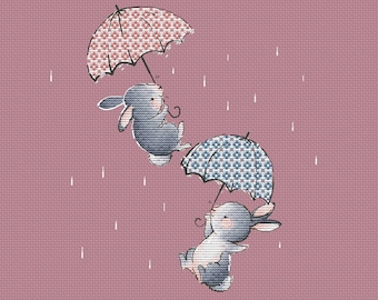 Bunny with umbrellas flying in the rain Cross Stitch Pattern Stitch for baby Nursery decor Bunny Forest friends cross stitch Umbrella stitch