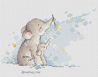 Mom with baby elephant cross stitch pattern