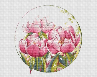 Pink peonies cross stitch pattern flowers cross stitch pattern beautiful peonies cross stitch flower ornament cross stitch peonies