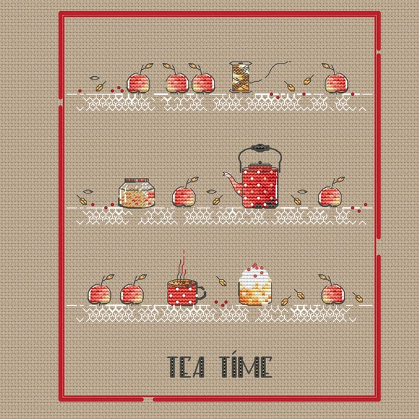 Tea time cross stitch pattern teapot cross stitch apple cross stitch cake cross stitch red kettle cross stitch kitchen ornament cross stitch