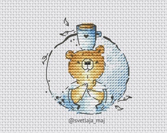 Brown bear with cup of tea cross stitch pattern