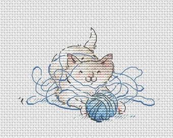 Funny cat cross stitch pattern cat with blue ball cross stitch Ukraine digital download