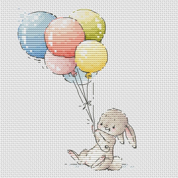 Bunny with color balloons cross stitch pattern Ukraine digital download