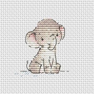 May include: A cross-stitch pattern of a cute, cartoon elephant with pink ears, sitting on a white background.