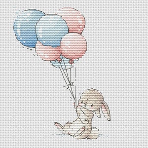 Bunny with bunch of balloons cross stitch pattern bunny with blue and pink balloons cross stitch Ukraine digital download image 1
