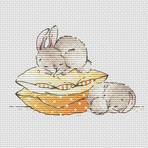 Bunny on the yellow pillow cross stitch pattern sleeping baby bunnies cross stitch pattern Ukraine digital download